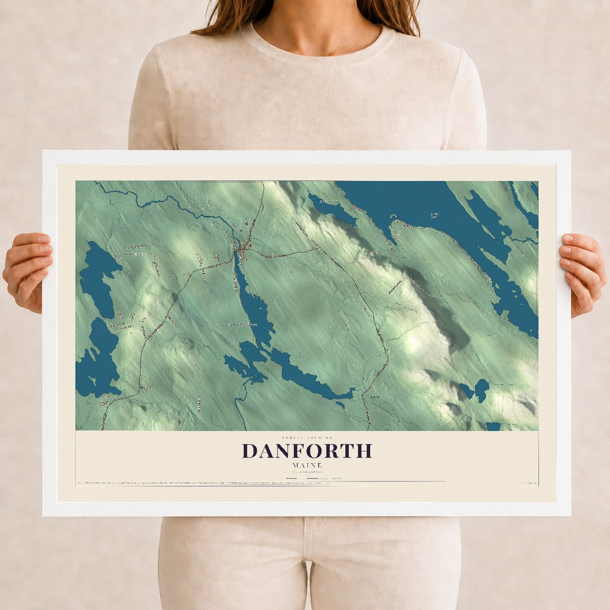 Danforth, Maine map print - 12 x 18 white Ayous wood frame