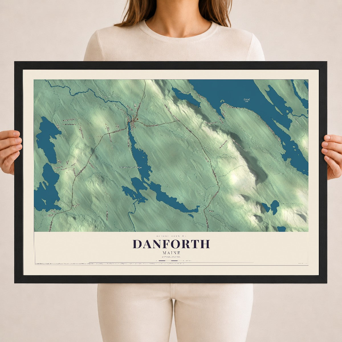Danforth, Maine map print - 18 x 24 black Ayous wood frame