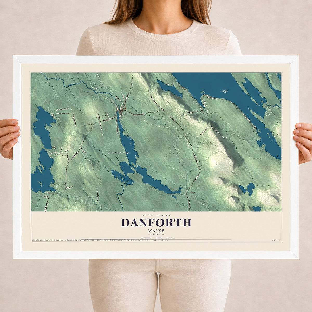 Danforth, Maine map print - 18 x 24 white Ayous wood frame