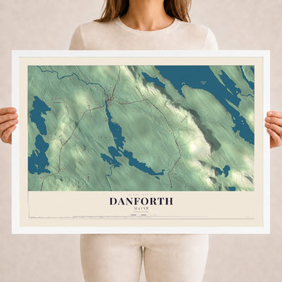 Danforth, Maine map print - 18 x 24 white Ayous wood frame