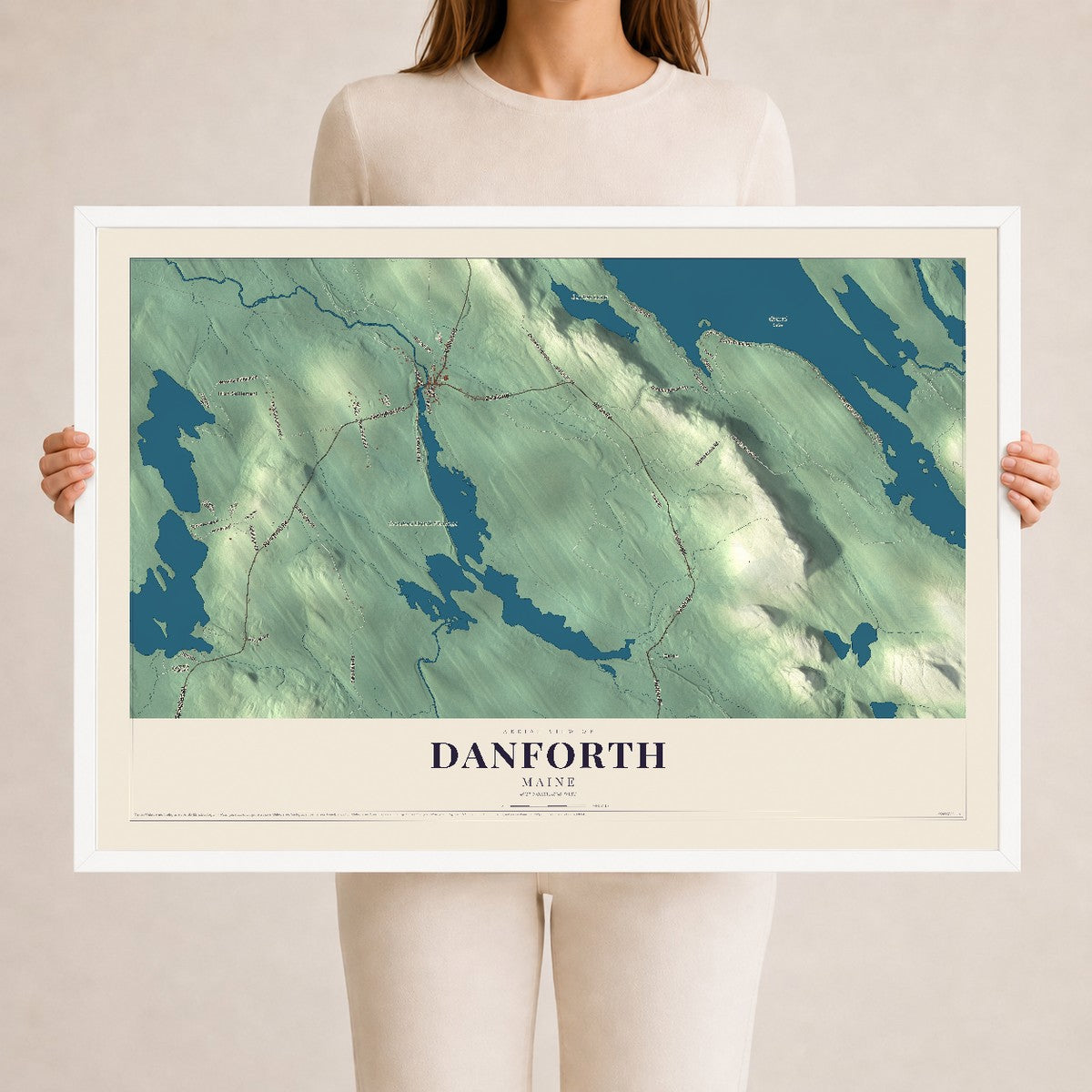 Danforth, Maine map print - 24 x 36 white Ayous wood frame