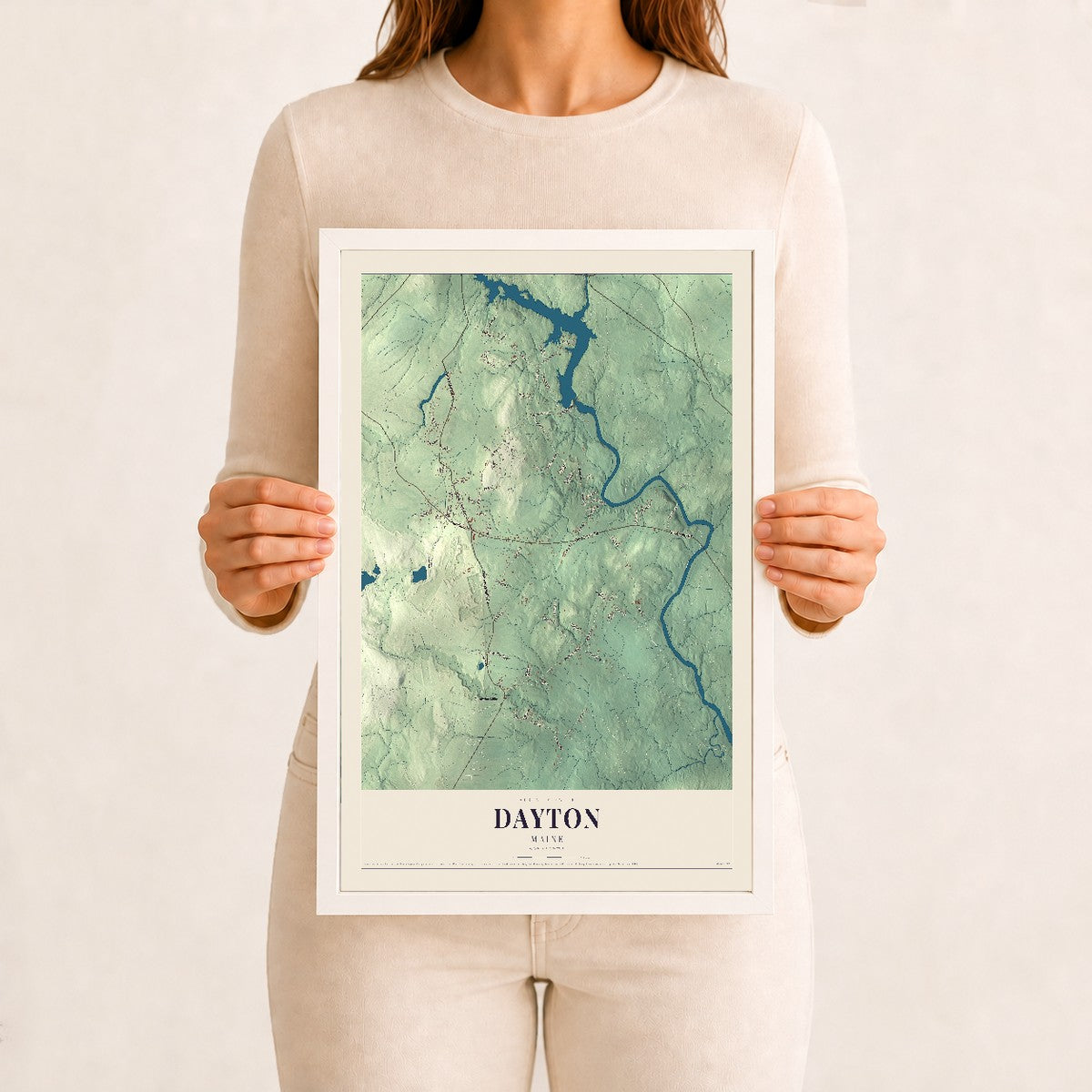 Dayton, Maine map print - 12 x 18 white Ayous wood frame