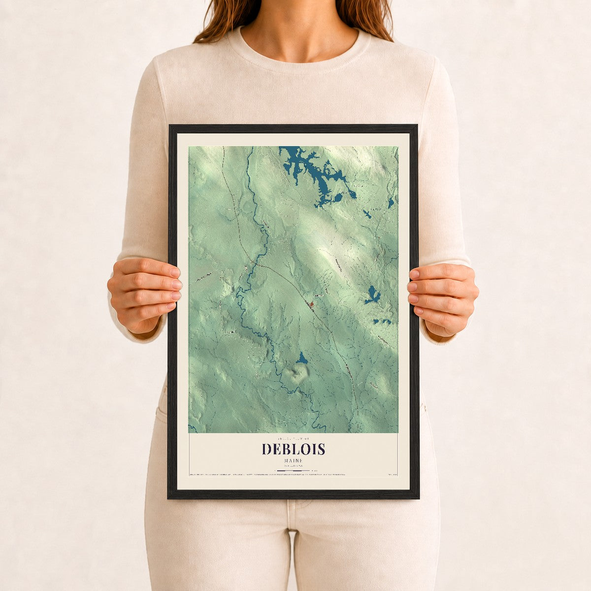 Deblois, Maine map print - 12 x 18 black Ayous wood frame