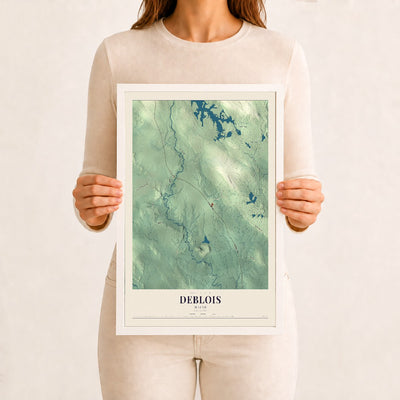 Deblois, Maine map print - 12 x 18 white Ayous wood frame