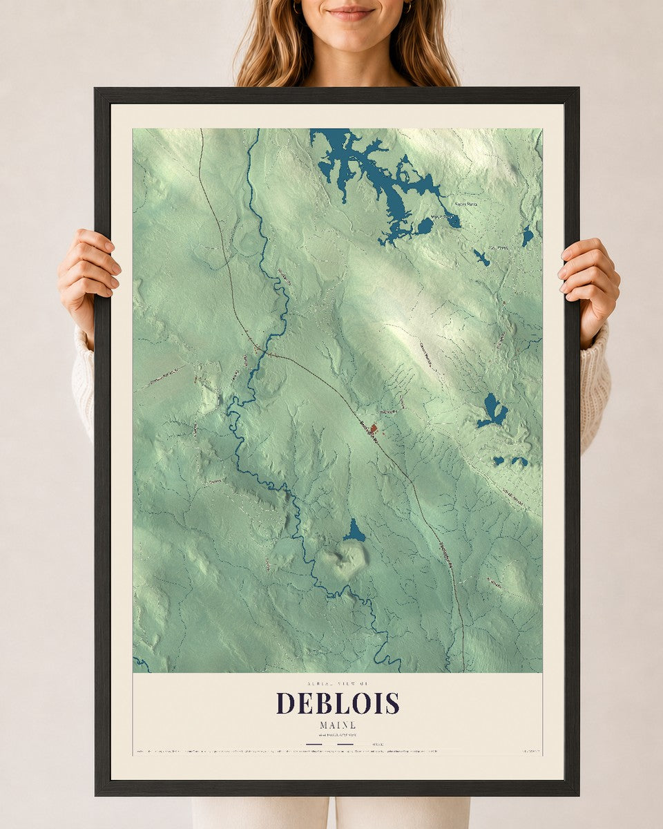 Deblois, Maine map print - 24 x 36 black Ayous wood frame