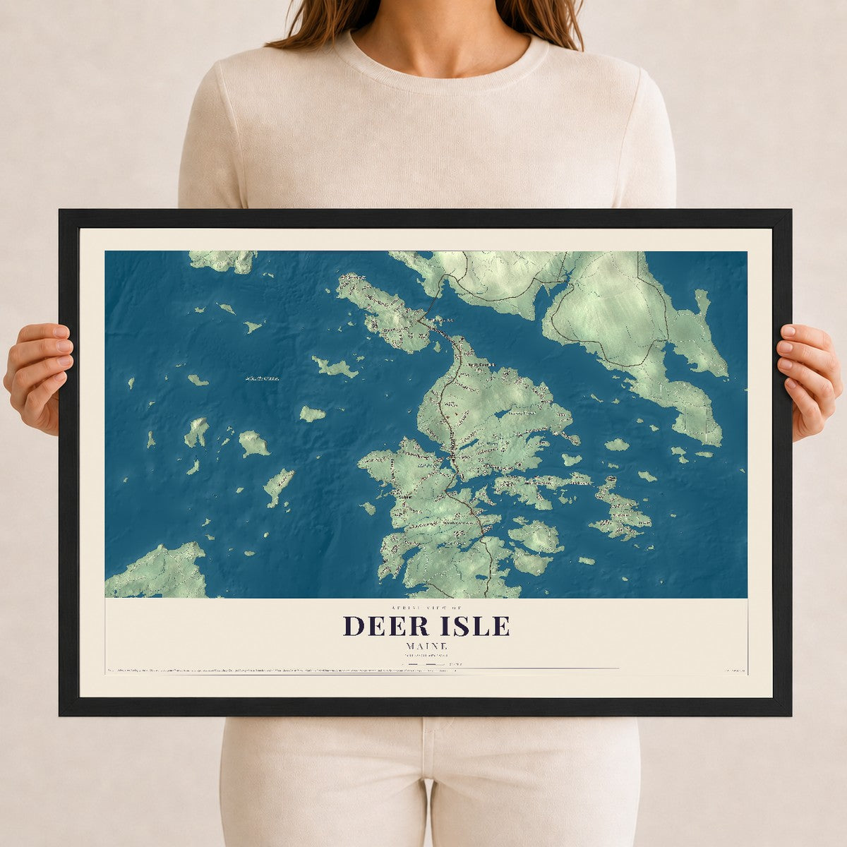Deer Isle, Maine map print - 12 x 18 black Ayous wood frame