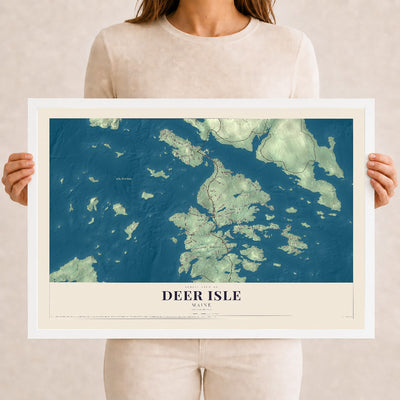 Deer Isle, Maine map print - 12 x 18 white Ayous wood frame