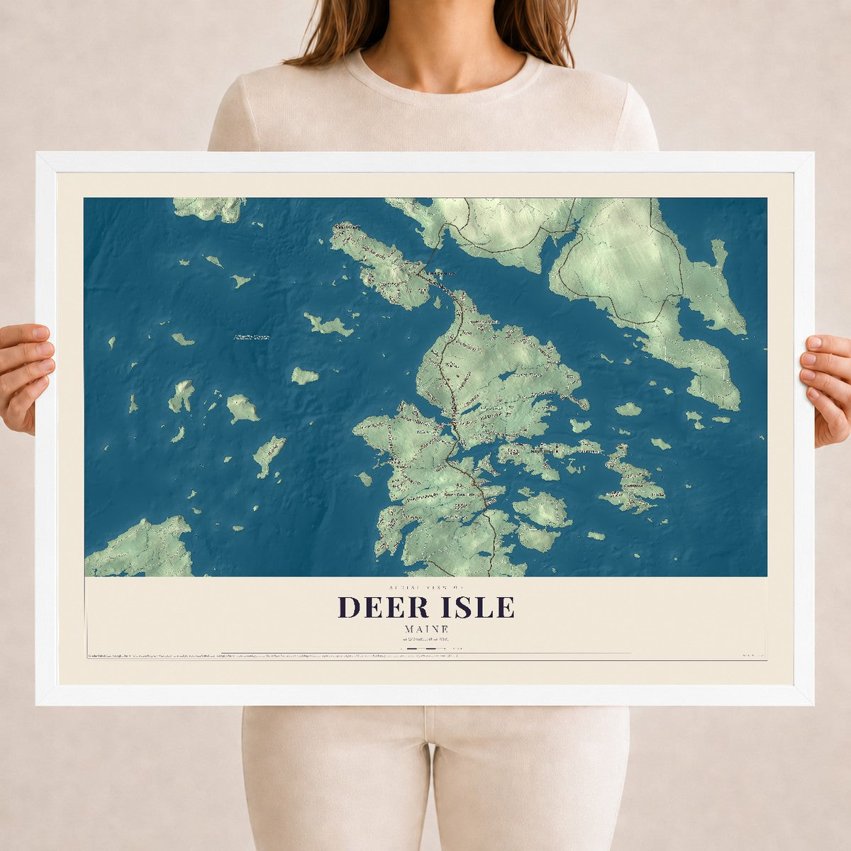 Deer Isle, Maine map print - 18 x 24 white Ayous wood frame