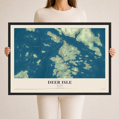 Deer Isle, Maine map print - 24 x 36 black Ayous wood frame