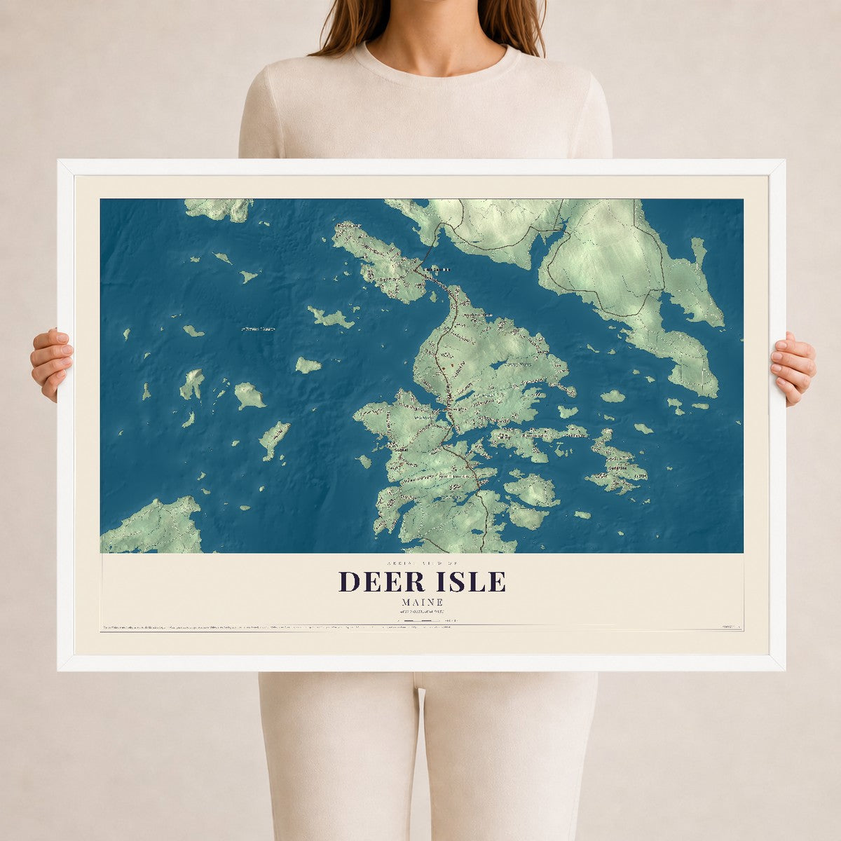 Deer Isle, Maine map print - 24 x 36 white Ayous wood frame
