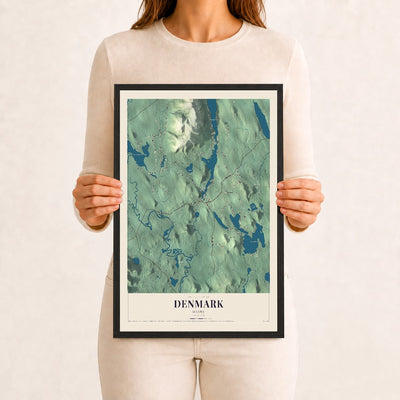 Denmark, Maine map print - 12 x 18 black Ayous wood frame