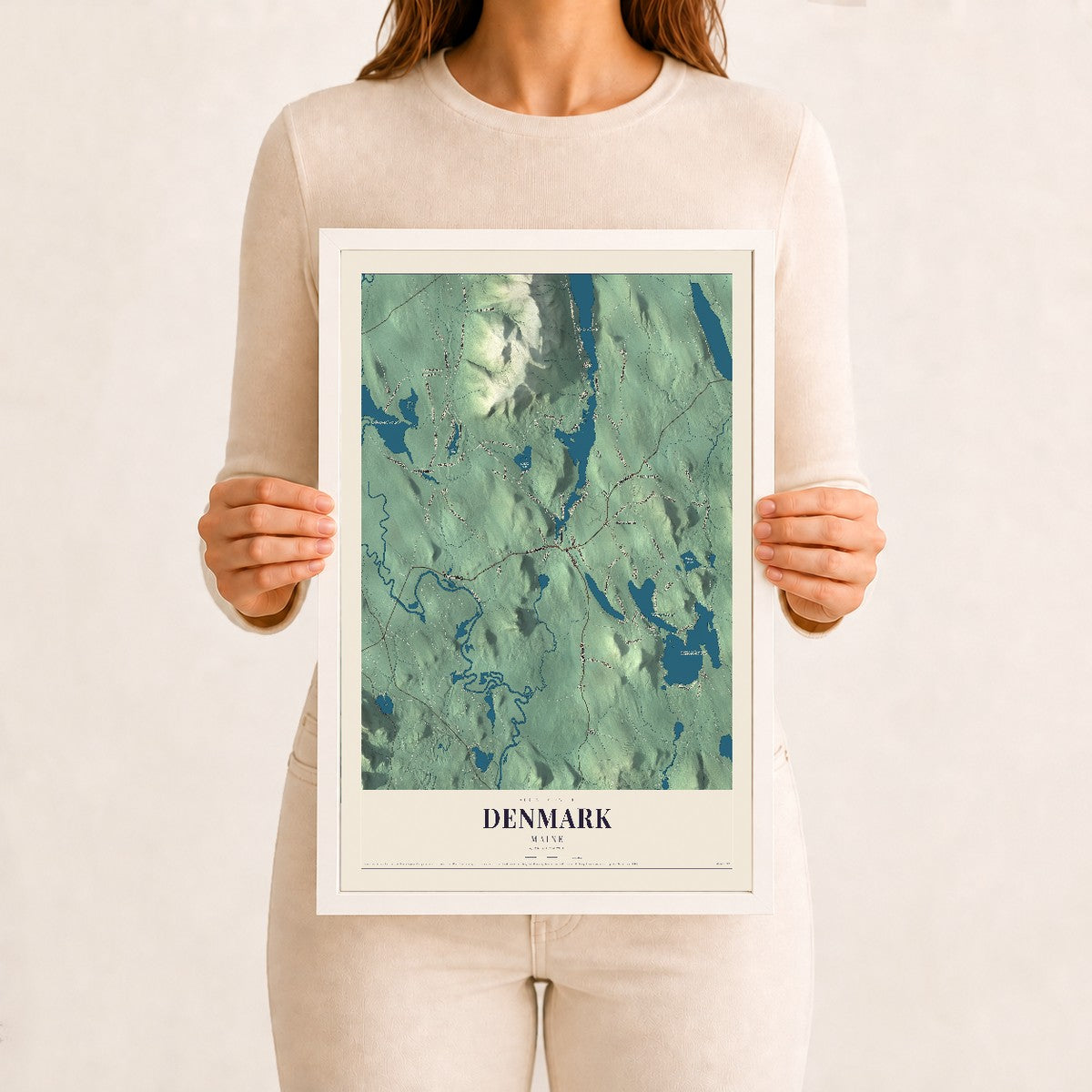 Denmark, Maine map print - 12 x 18 white Ayous wood frame
