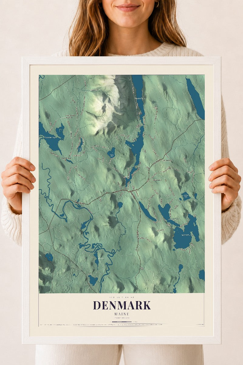 Denmark, Maine map print - 18 x 24 white Ayous wood frame
