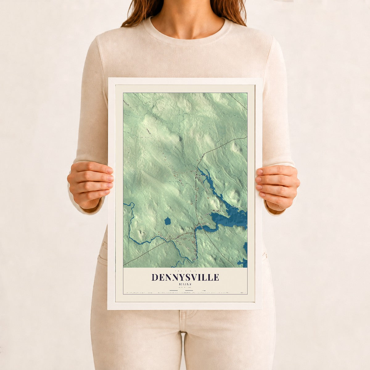 Dennysville, Maine map print - 12 x 18 white Ayous wood frame
