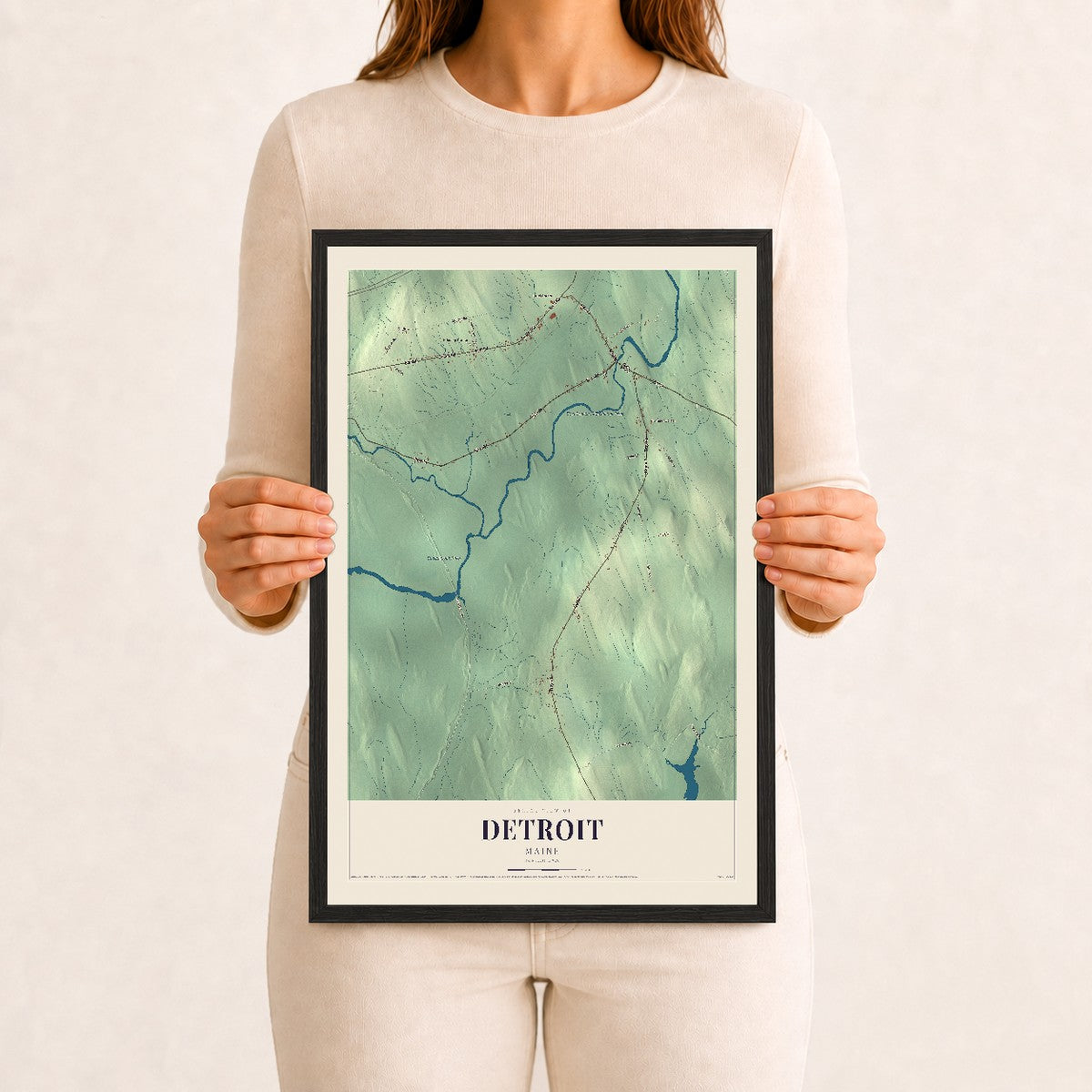 Detroit, Maine map print - 12 x 18 black Ayous wood frame