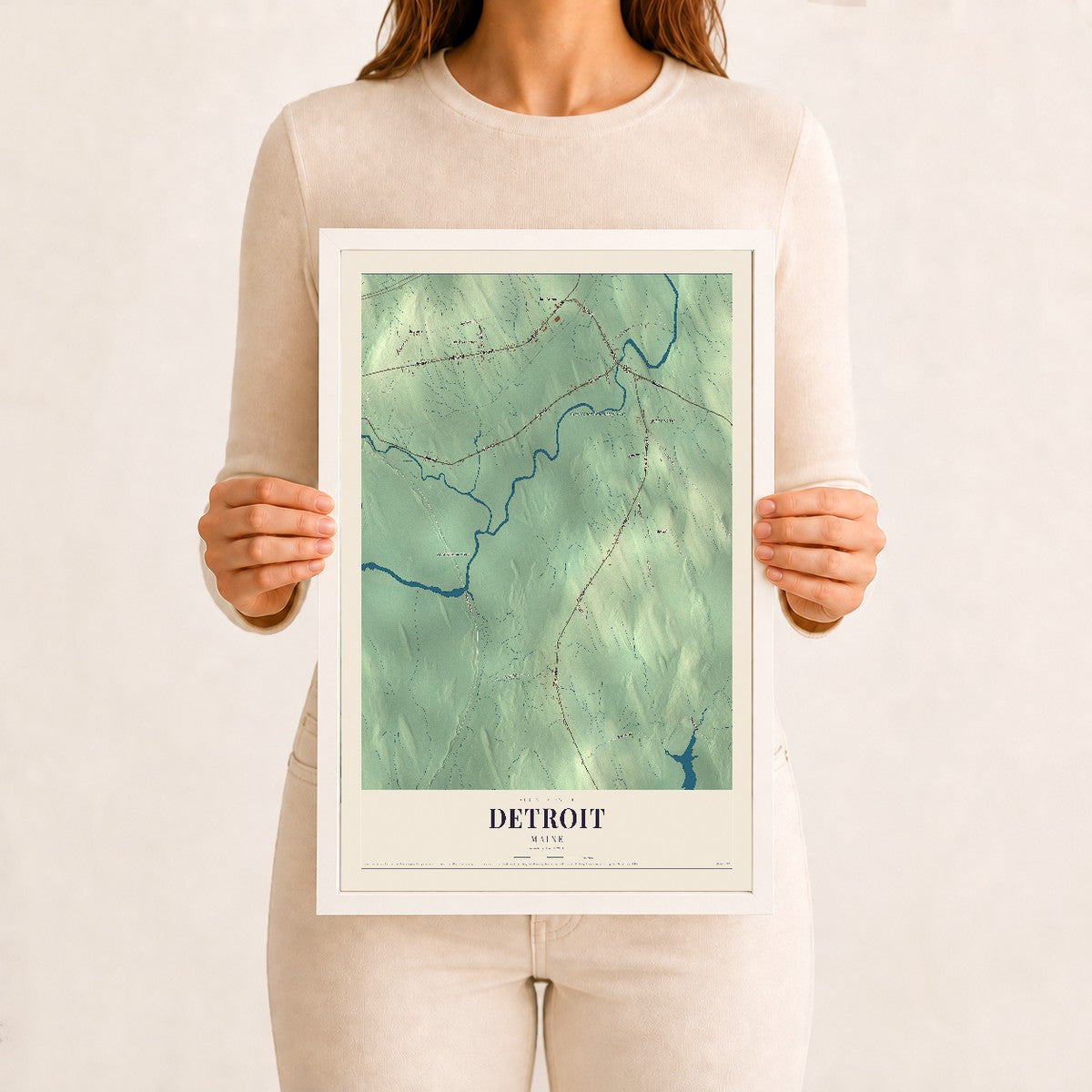 Detroit, Maine map print - 12 x 18 white Ayous wood frame