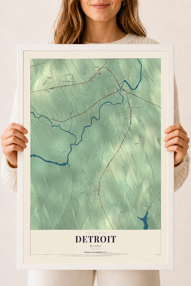 Detroit, Maine map print - 18 x 24 white Ayous wood frame