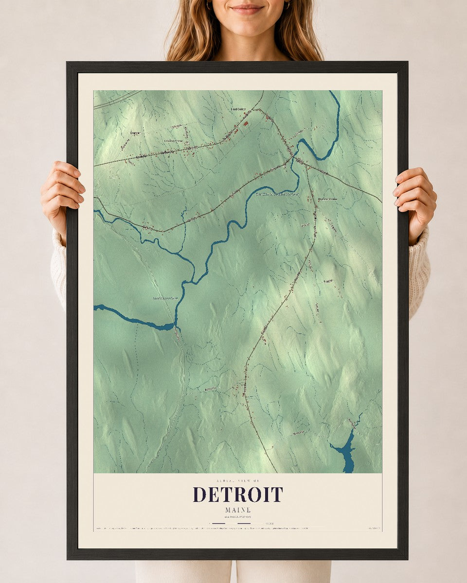 Detroit, Maine map print - 24 x 36 black Ayous wood frame