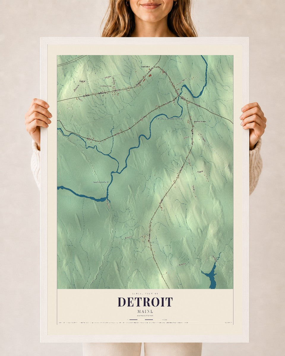 Detroit, Maine map print - 24 x 36 white Ayous wood frame