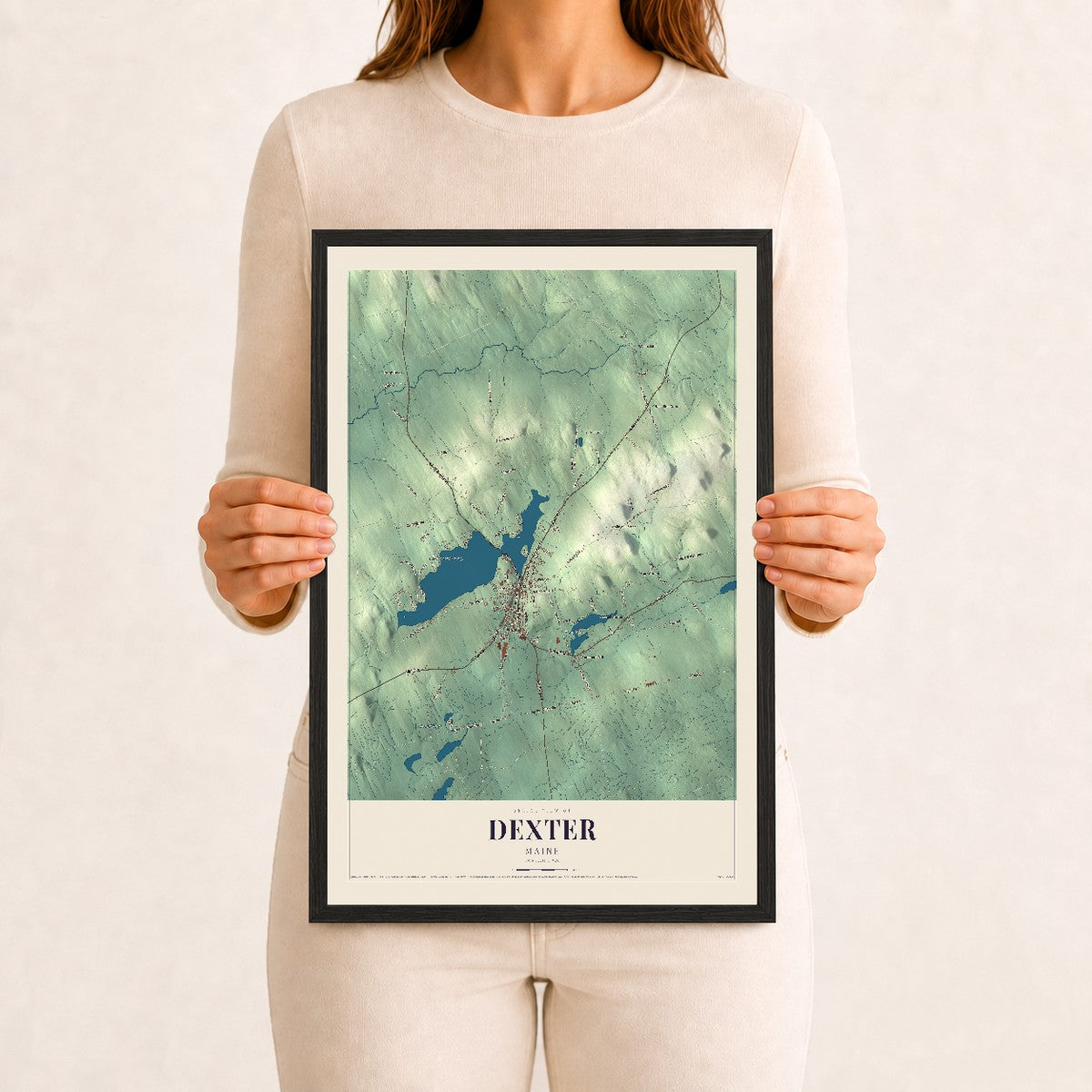 Dexter, Maine map print - 12 x 18 black Ayous wood frame