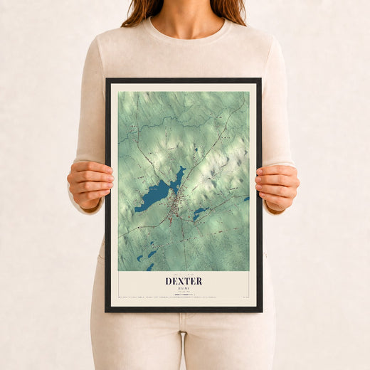 Map of Dexter, Maine, 12 x 18 inch print in a black wood frame
