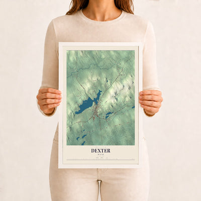 Dexter, Maine map print - 12 x 18 white Ayous wood frame