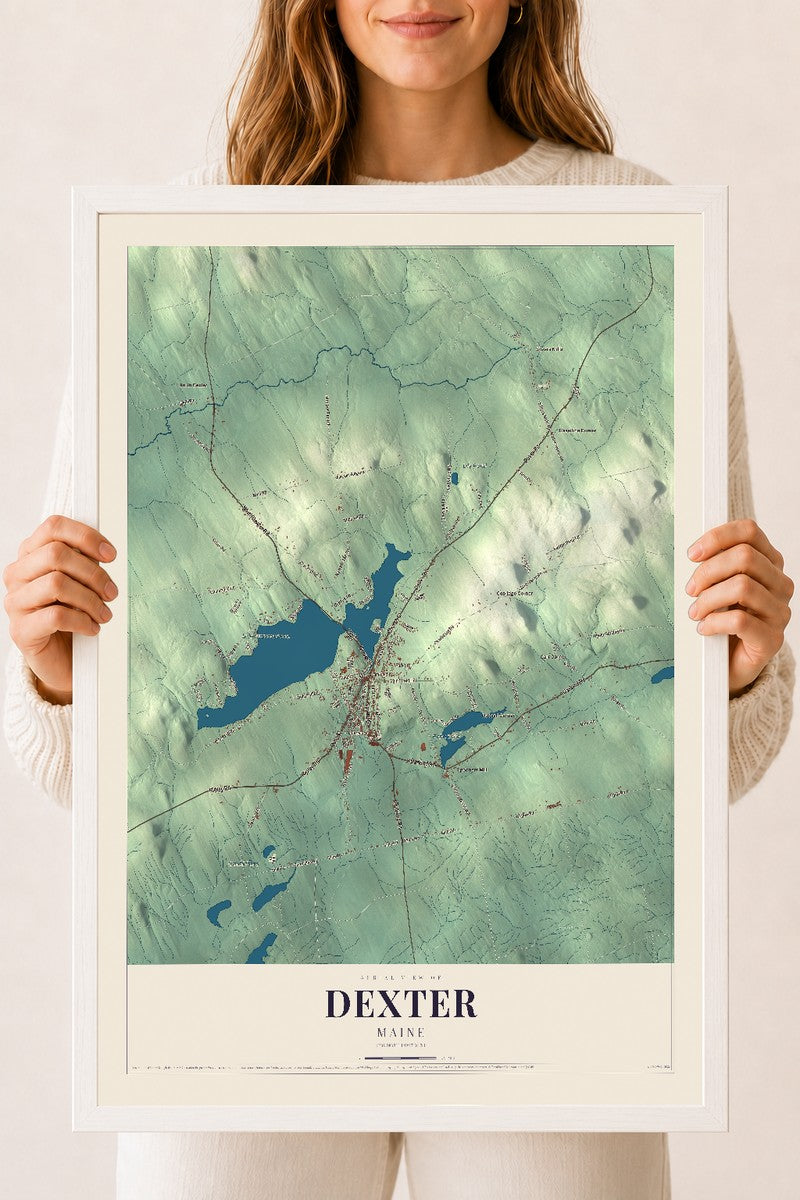 Dexter, Maine map print - 18 x 24 white Ayous wood frame