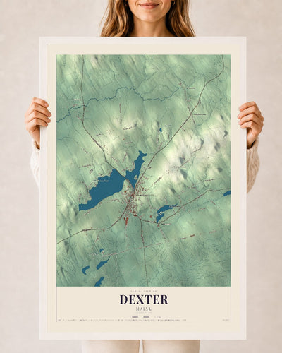 Dexter, Maine map print - 24 x 36 white Ayous wood frame