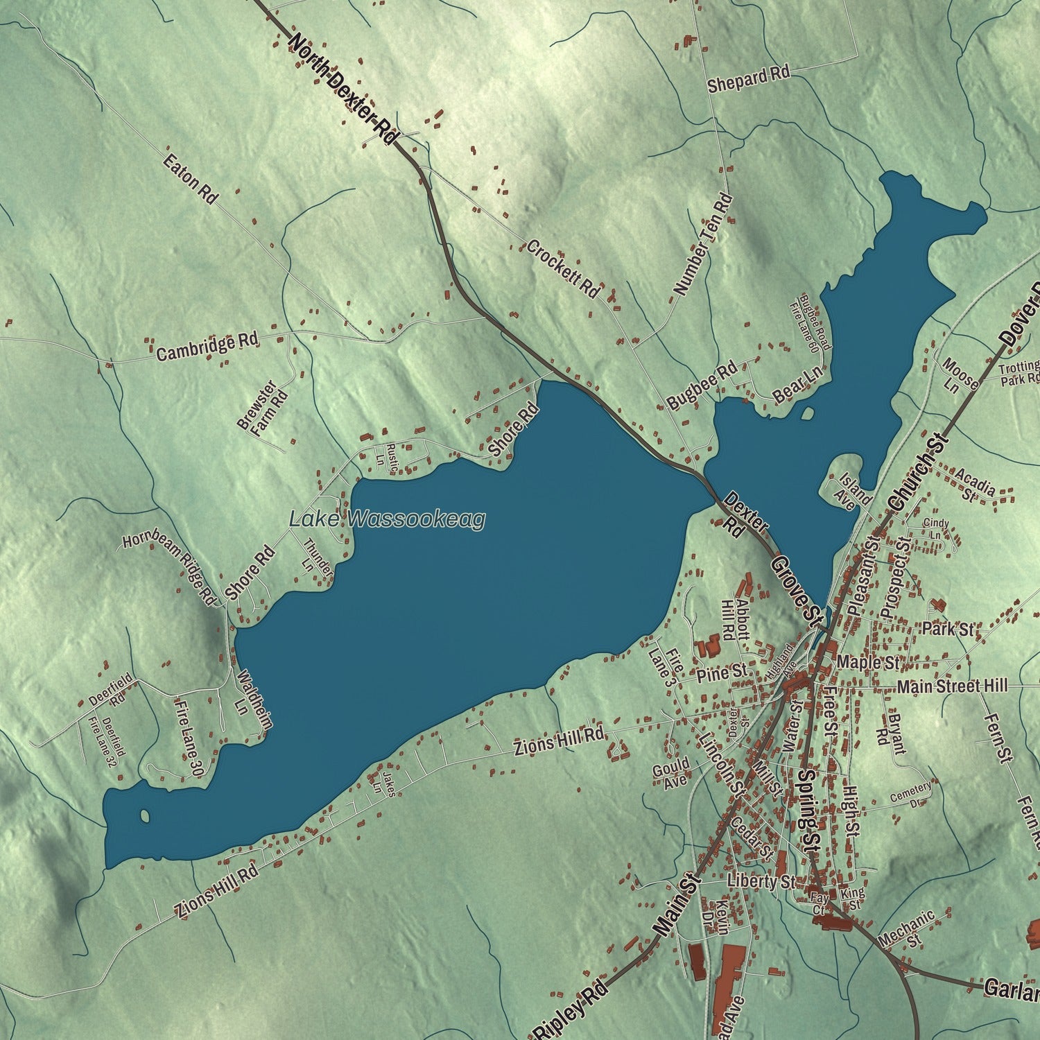 Terrain and local geography detail from the Dexter, Maine map