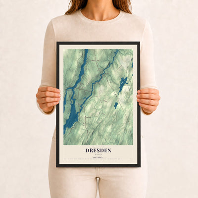 Dresden, Maine map print - 12 x 18 black Ayous wood frame