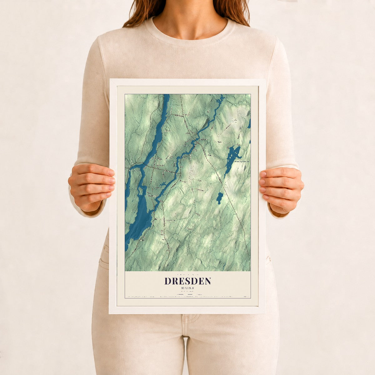 Dresden, Maine map print - 12 x 18 white Ayous wood frame