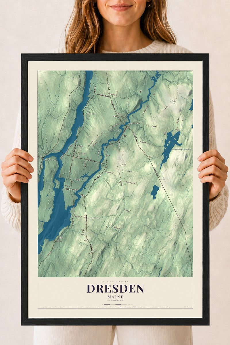 Dresden, Maine map print - 18 x 24 black Ayous wood frame