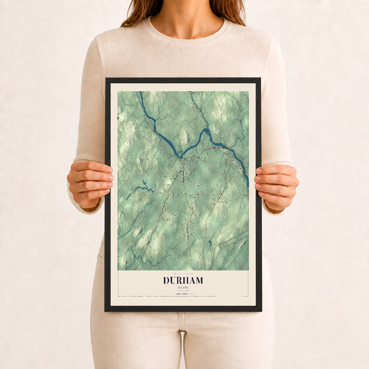 Durham, Maine map print - 12 x 18 black Ayous wood frame