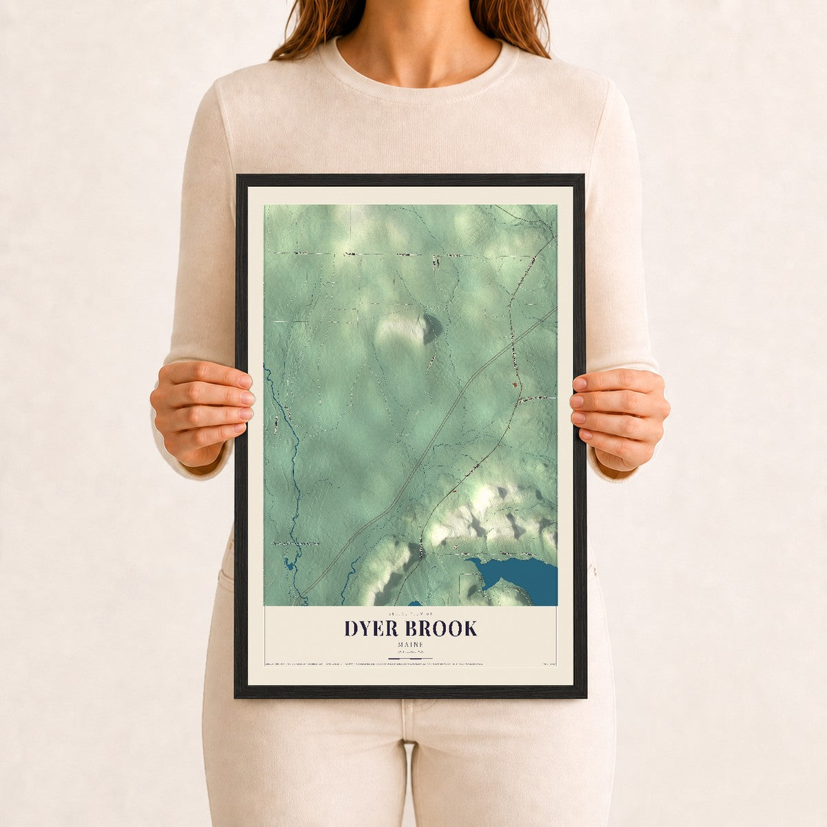 Dyer Brook, Maine map print - 12 x 18 black Ayous wood frame