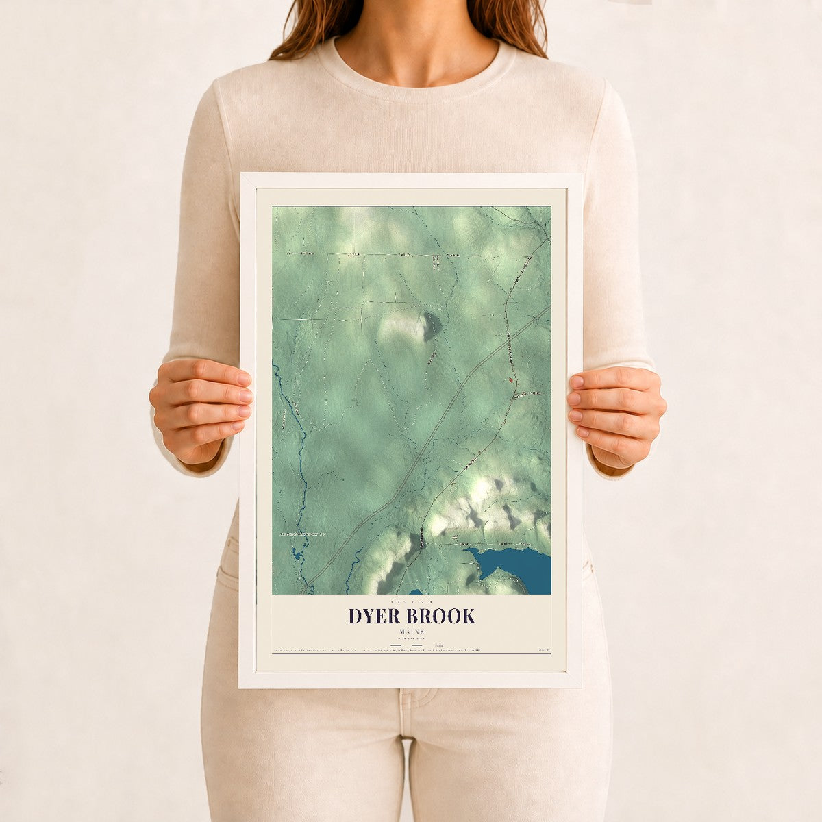 Dyer Brook, Maine map print - 12 x 18 white Ayous wood frame