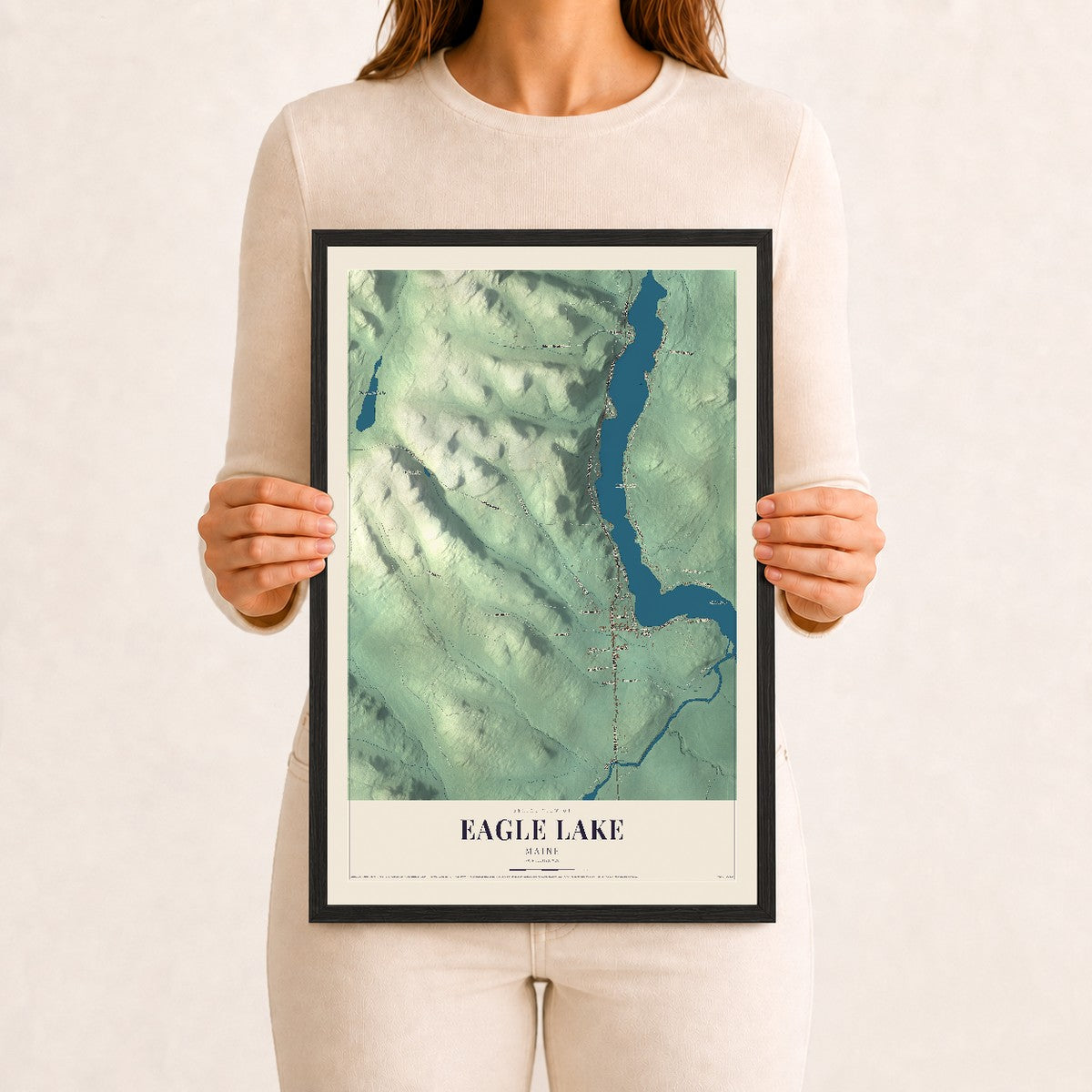 Eagle Lake, Maine map print - 12 x 18 black Ayous wood frame