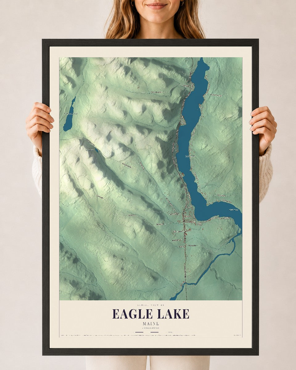 Eagle Lake, Maine map print - 24 x 36 black Ayous wood frame