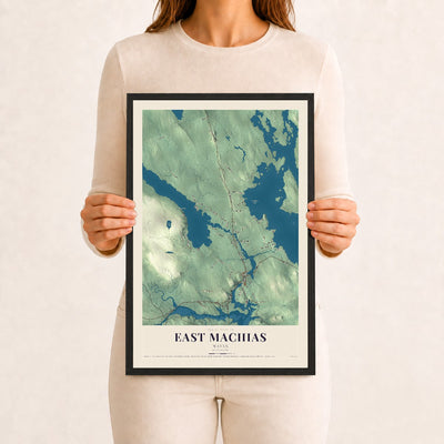 East Machias, Maine map print - 12 x 18 black Ayous wood frame