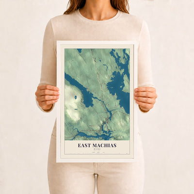 East Machias, Maine map print - 12 x 18 white Ayous wood frame