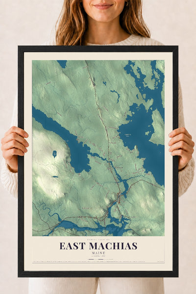 East Machias, Maine map print - 18 x 24 black Ayous wood frame