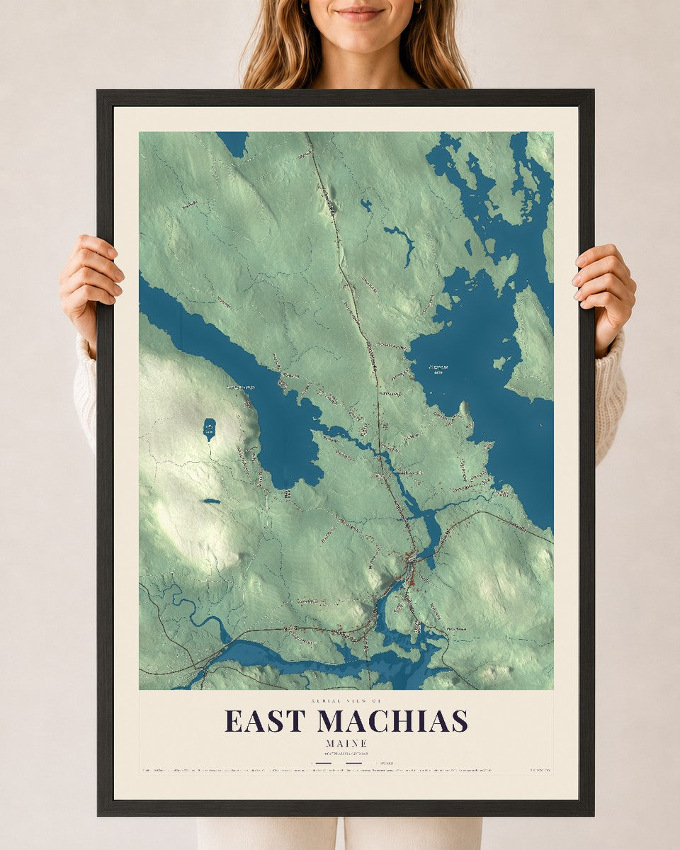 East Machias, Maine map print - 24 x 36 black Ayous wood frame