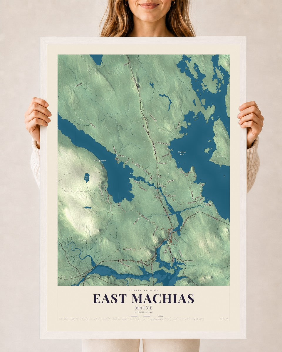 East Machias, Maine map print - 24 x 36 white Ayous wood frame