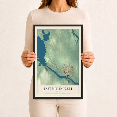 East Millinocket, Maine map print - 12 x 18 black Ayous wood frame