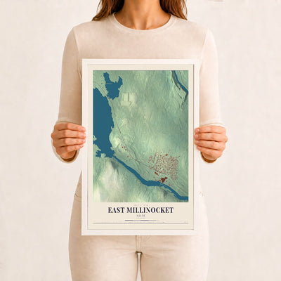 East Millinocket, Maine map print - 12 x 18 white Ayous wood frame