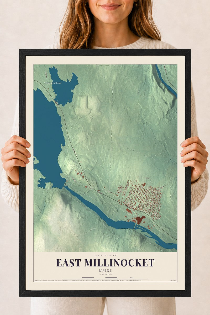 East Millinocket, Maine map print - 18 x 24 black Ayous wood frame