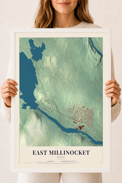 East Millinocket, Maine map print - 18 x 24 white Ayous wood frame