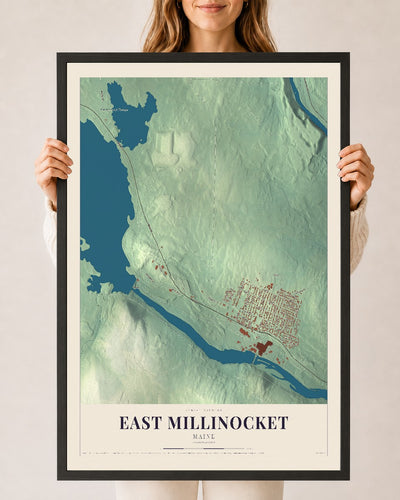 East Millinocket, Maine map print - 24 x 36 black Ayous wood frame