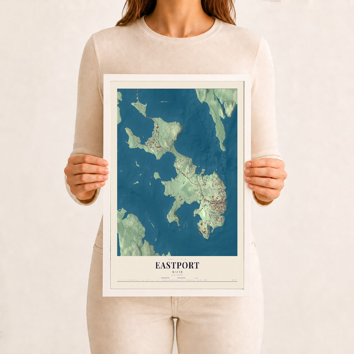 Eastport, Maine map print - 12 x 18 white Ayous wood frame