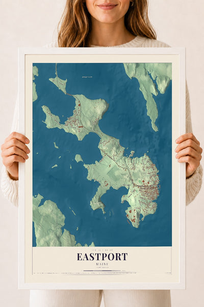 Eastport, Maine map print - 18 x 24 white Ayous wood frame