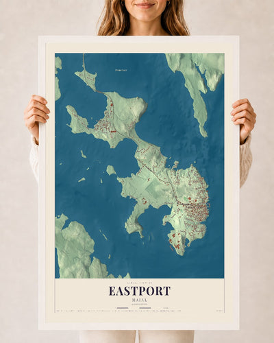 Eastport, Maine map print - 24 x 36 white Ayous wood frame